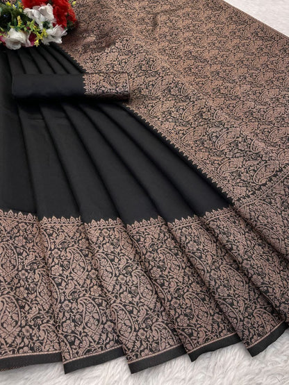 Elegant Black Queen Soft Lichi Silk Saree with Jacquard Border & Rich Blouse