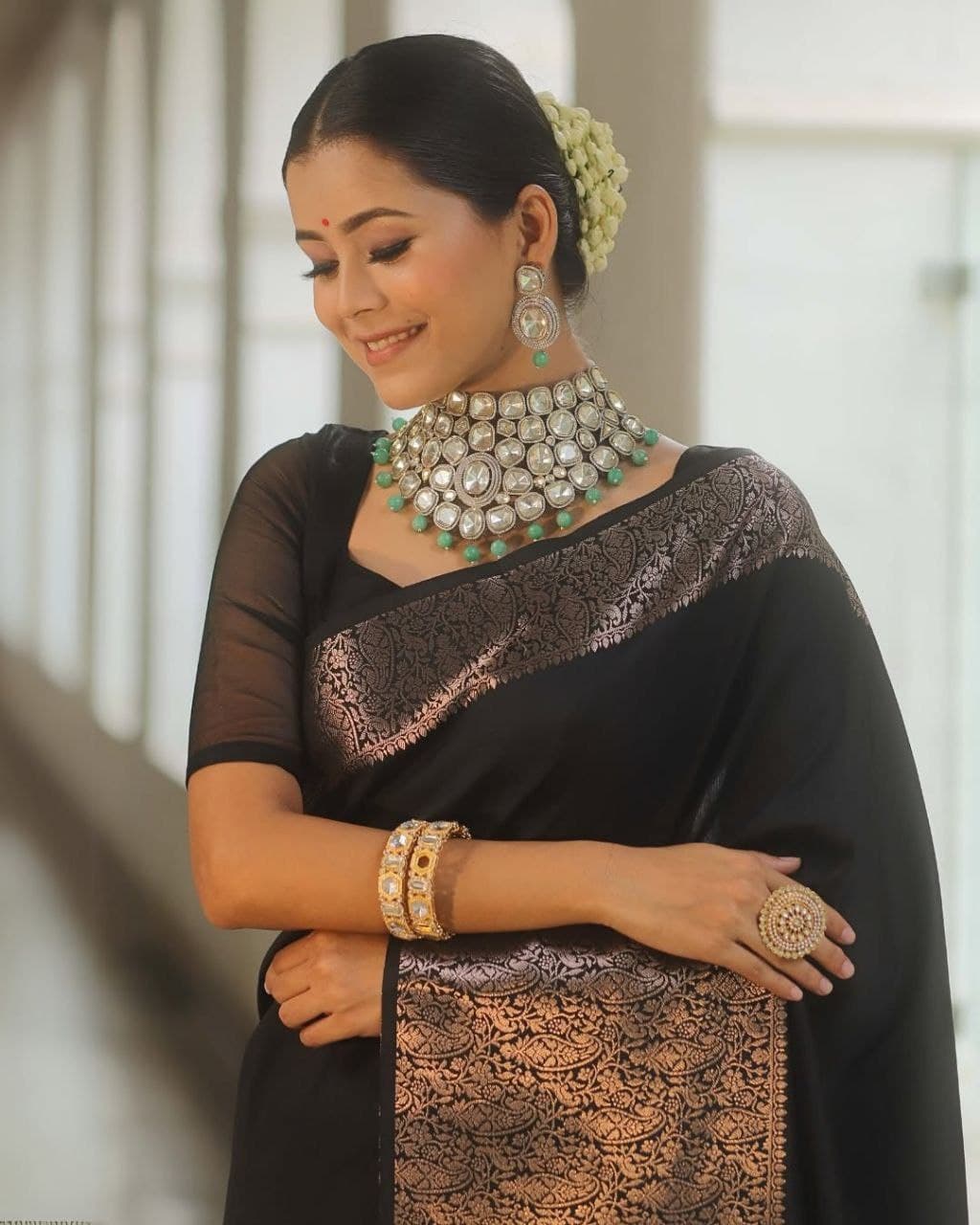 Elegant Black Queen Soft Lichi Silk Saree with Jacquard Border & Rich Blouse