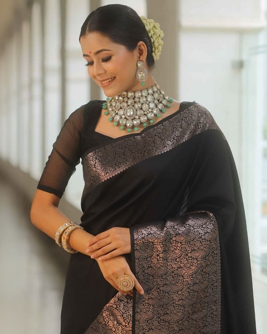 Elegant Black Queen Soft Lichi Silk Saree with Jacquard Border & Rich Blouse